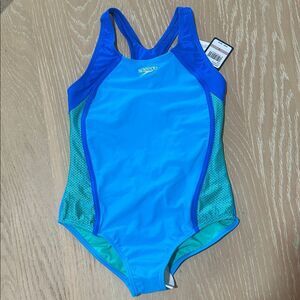 Speedo Girls Mesh Splice Thick Strap One Piece Swimsuit, Cyan, Size 12,  NWT